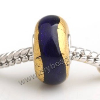 Bead, big-hole beads,Lampworked glass and silver-plated brass grommet,gold with stripe,14x7mm rondelle with 4.5 mm hole,sold per pkg of 50ps
