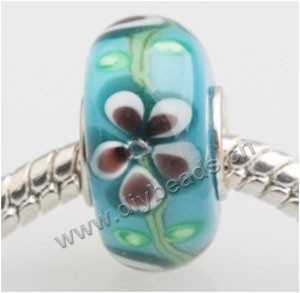 Bead, big-hole beads,	Lampworked glass and silver-plated brass grommet,green with flower, 14x7mm rondelle with 4.5 mm hole,sold per pkg of 50ps
