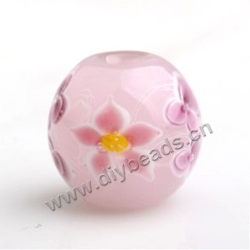 Bead,Japan lampworked glass,pink with bright flower, 16x16mm round.mini order 100pc 