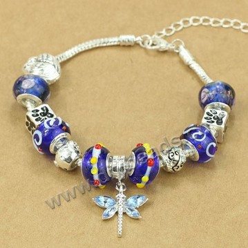 Bracelet,alloy and lampwork glass,dark blue ,large hole beads,Sold per package of 1 piece