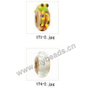 Bead,big-hole beads ,lampworked glass with brass grommets,mixed colors and designs,6x12mm-8x14mm rondelle ,4mm spiral hole,sold per pkg of 10ps
