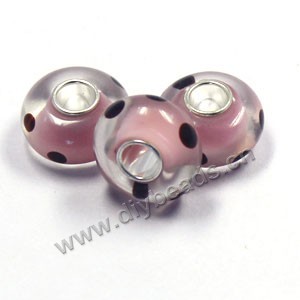 Bead,big-hole beads ,pink,lampworked glass with silver-finished brass,14x8m rondelle with black dots,mini order 50pcs