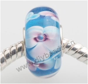 Bead, big-hole beads,Lampworked glass and silver-plated brass grommet,Blue with flower, 14x7mm rondelle with 4.5 mm hole,sold per pkg of 50ps