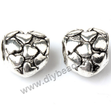 Bead,big-hole beads,alloy,10x10mm,heart,silver color,Sold per pkg of 50ps