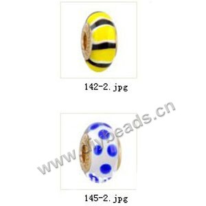 Bead,big-hole beads ,lampworked glass with brass grommets,mixed colors and designs,6x12mm-8x14mm rondelle ,4mm spiral hole,sold per pkg of 10ps