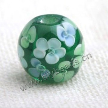 Bead,Japan lampworked glass,green with fower, 14x14mm round.mini order 100pc 