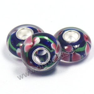 Bead,big-hole beads ,lampworked glass with silver-finished brass,14x8m rondelle ,Blue,mini order 10pcs