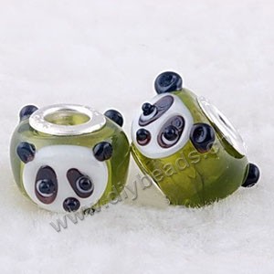 Bead, big-hole beads,lampworked glass and brass grommet,dark green/white/black, 10x14mm rondelle with panda, 4.5mm hole. Sold per pkg of 10