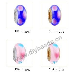 Bead,big-hole beads ,lampworked glass with silver-finished brass grommets,mixed colors and designs,6x12mm-8x14mm rondelle ,4mm spiral hole,sold per pkg of 10ps