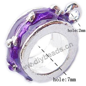 Charm, big-hole beads,silver-plated pewter and enameled , purple, 15x12mm beaded rondelle, 7mm hole. Sold per pkg of 10ps
