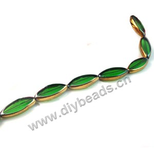 Bead, copper-plated glass, green, 30x12mm flat oval. Sold per pkg of ten 13-inch strand.