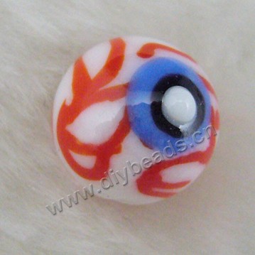 Bead, lampworked glass, opaque white and red, 14mm round with "eye" design. Sold per pkg of 6.