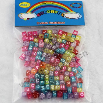 Bead, acrylic,colorful with white alphabet, 6x6mm cube with 4mm drill hole. Sold per pkg of 250