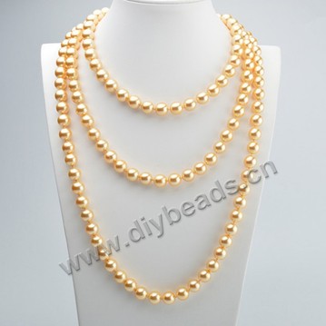Shell Pearl Necklace, mother of pearl beads, gold, 10mm round. Sold per 47-inch.
