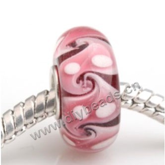 Bead, big-hole beads,Lampworked glass and silver-plated brass grommet,pink with flower,14x7mm rondelle with 4.5 mm hole,sold per pkg of 50ps