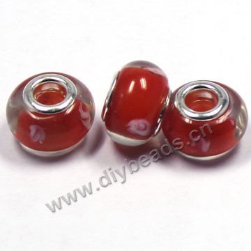 Bead,big-hole beads ,lampworked glass with silver-finished brass,14x9m rondelle ,red, mini order 200pcs