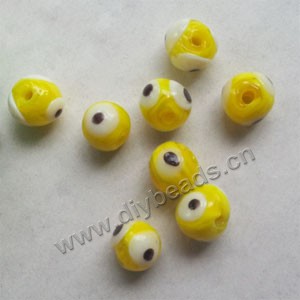 Bead, lampworked glass, opaque yellow, 8mm round with 3 wards off  evil eye design. Sold per pkg of 20.