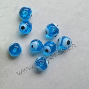 Bead, lampworked glass, turquoise blue, 8mm round with 3 wards off  evil eye design. Sold per pkg of 20.