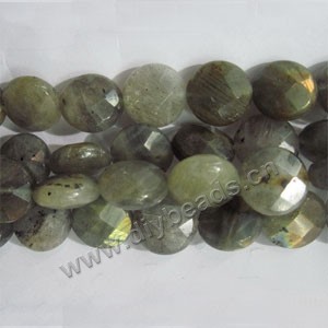 Bead, labradorite (natural), 14mm faceted flat round. Sold per 16-inch strand