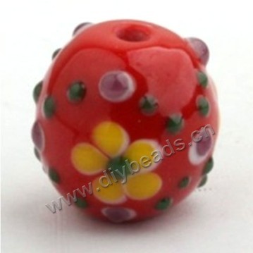 Bead, lampworked glass,red with flower, 18x18mm round.mini order 50pc 
