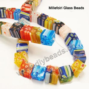 Bead, millefiori glass, mixed colors and patterns, 10x10mm cube,approximately 38ps/strand 
