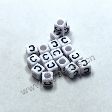 Bead, acrylic,White,alphabet is C, 6x6mm cube with 3.5mm drill hole. Sold per pkg of 100ps