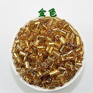 Bugle bead, glass,silver-lined,gold ,#1 (2x2mm)beads. Sold per pkg of 80 grams,approximately 4,500ps.