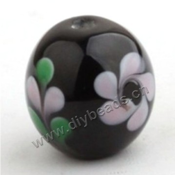 Bead, lampworked glass,black with flower, 18x18mm round.mini order 50pc 