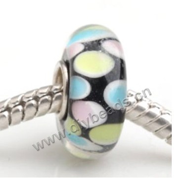 Bead, big-hole beads,Lampworked glass and silver-plated brass grommet,black with flower,14x7mm rondelle with 4.5 mm hole,sold per pkg of 50ps