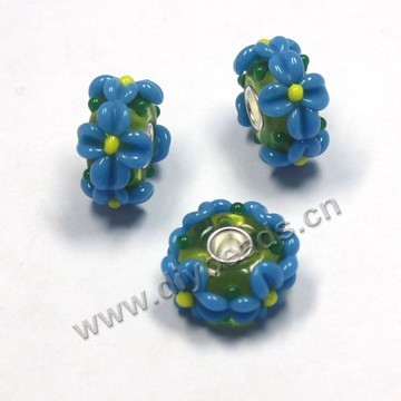 Bead,big-hole beads ,lampworked glass with silver-finished brass,16x10m rondelle blue,mini order 5pcs