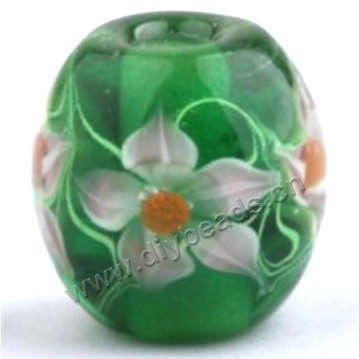 Bead, lampworked glass,green with flower, 20x20mm round.mini order 50pc 
