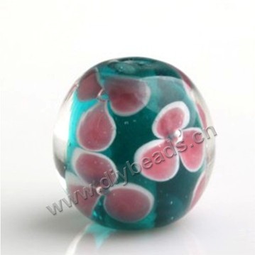 Bead,Japan lampworked glass,green with flower, 14x14mm round.mini order 100pc 