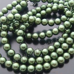 Bead, glass pearl, olive green, 6mm round. Sold per pkg of two 16-inch strands.