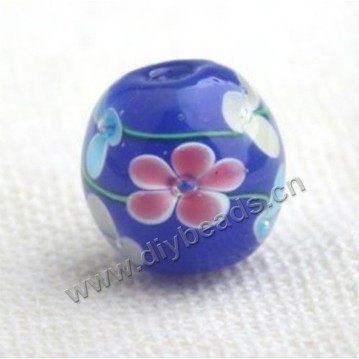 Bead,Japan lampworked glass,blue with fower, 14x14mm round.mini order 100pc 