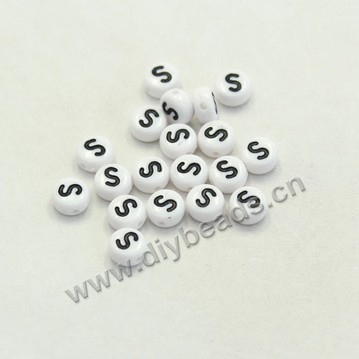 Bead mix, acrylic, white with black alphabet S, 7x4mm double-sided flat round with 1.2mm drill hole. Sold per pkg of 100ps