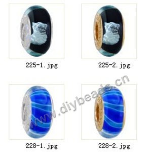 Bead,big-hole beads ,lampworked glass with silver-finished brass grommets,mixed colors and designs,6x12mm-8x14mm rondelle ,4mm spiral hole,sold per pkg of 10ps