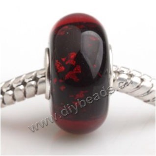 Bead, big-hole beads,Lampworked glass and silver-plated brass grommet,red with flower,14x7mm rondelle with 4.5 mm hole,sold per pkg of 50ps