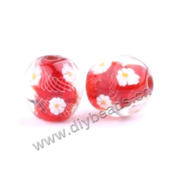 Bead, lampworked glass,red with flower, 16x16mm round.mini order 50pc 