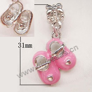 Charm, big-hole beads, silver-plated pewter and enamel, pink, 6.5x31mm baby shoe , 4.5mm hole. Sold per pkg of 10ps