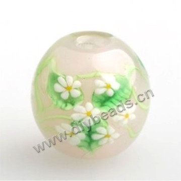 Bead,Japan lampworked glass,white with flower, 16x16mm round.mini order 100pc 