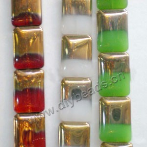Bead, copper-plated glass, red/white/green, 21x13mm rectangle. Sold per pkg of ten 11-inch strand.