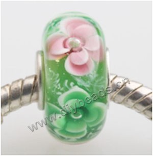 Bead, big-hole beads,Lampworked glass and 925 sterling silver grommet,green with flower, 14x7mm rondelle with 4.5 mm hole,sold per pkg of 50ps