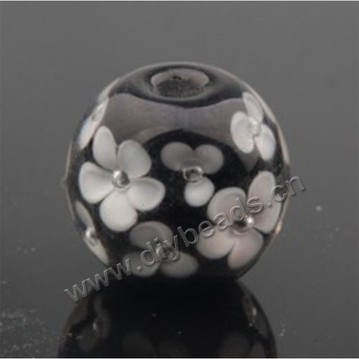 Bead,Japan lampworked glass,black with fower, 14x14mm round.mini order 100pc 