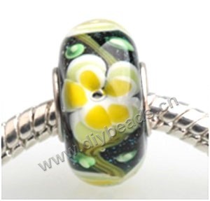 Bead, big-hole beads,Lampworked glass and silver-plated brass grommet, black green with flower, 14x7mm rondelle with 4.5 mm hole,sold per pkg of 50ps