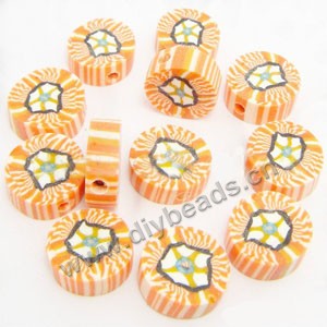 Bead, polymer clay, yellow/white/black, 10x4mm double-sided flat round with flower. Sold per pkg of 24.