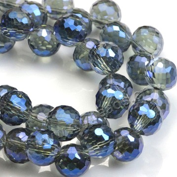 Bead, plating AB color glass, blue, 8mm 128 faceted round, side hole, sold per pkg 1 strands-(100ps/strand).