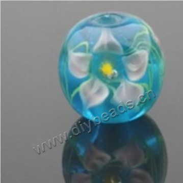 Bead, lampworked glass,blue with flower, 14x14mm round.mini order 50pc 