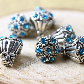 Bead,big-hole beads,alloy with blue zircon,9x11mm,flower,Sold per pkg of 20ps