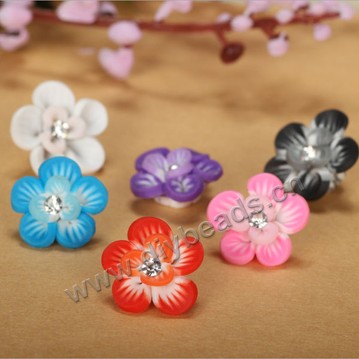 Bead, polymer clay,mixed color with rhinestone ,15x8mm two tone flower. Sold per pkg of 5.