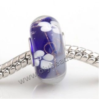 Bead, big-hole beads,Lampworked glass and 925 sterling silver grommet,purple with flower, 14x7mm rondelle with 4.5 mm hole,sold per pkg of 50ps
